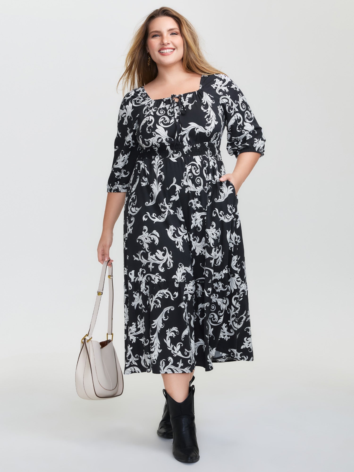 Scroll Pattern Adjustable Drawstring Pockets Midi Dress