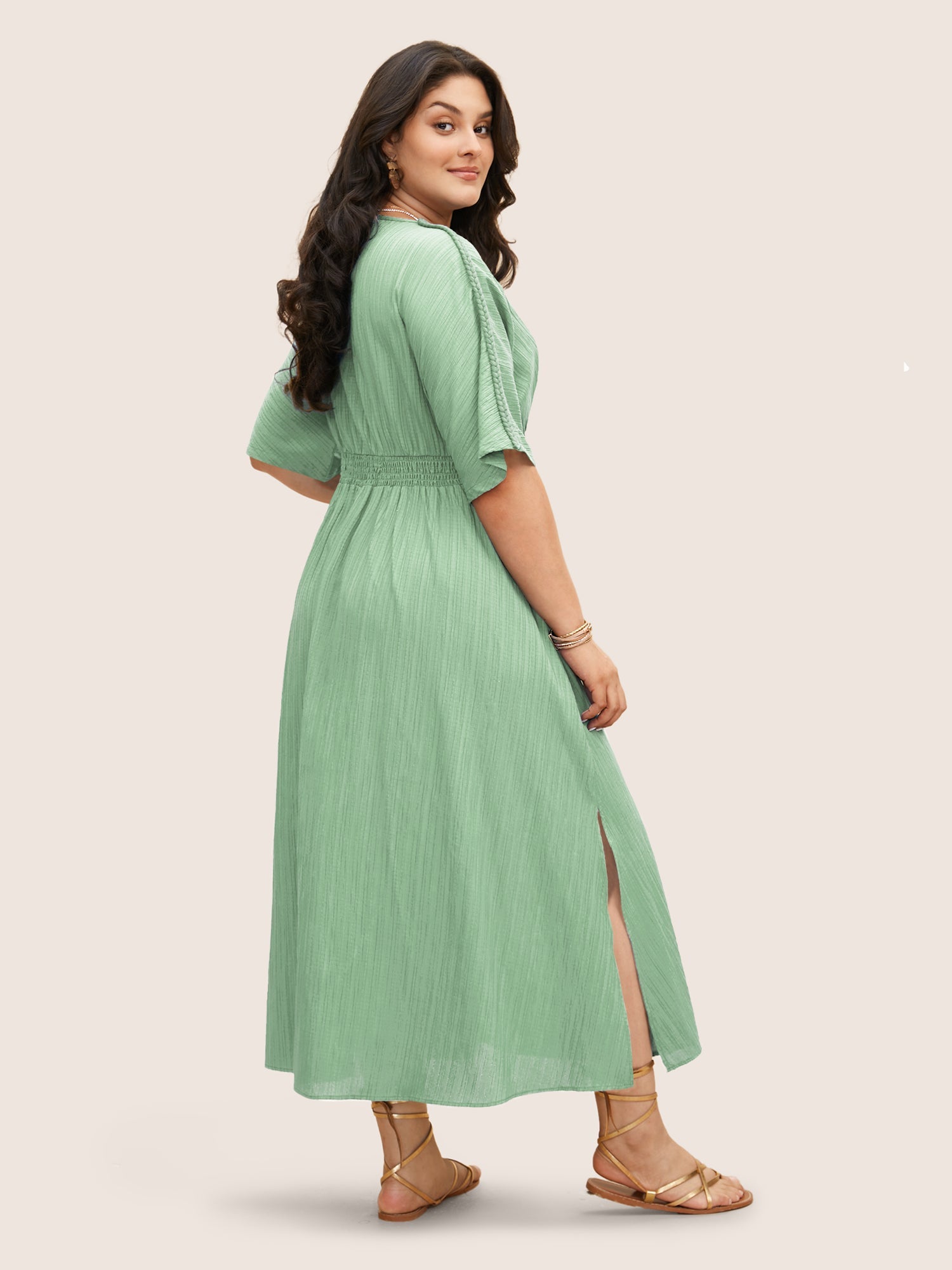 V Neck Shirred Contrast Webbing Split Side Dress