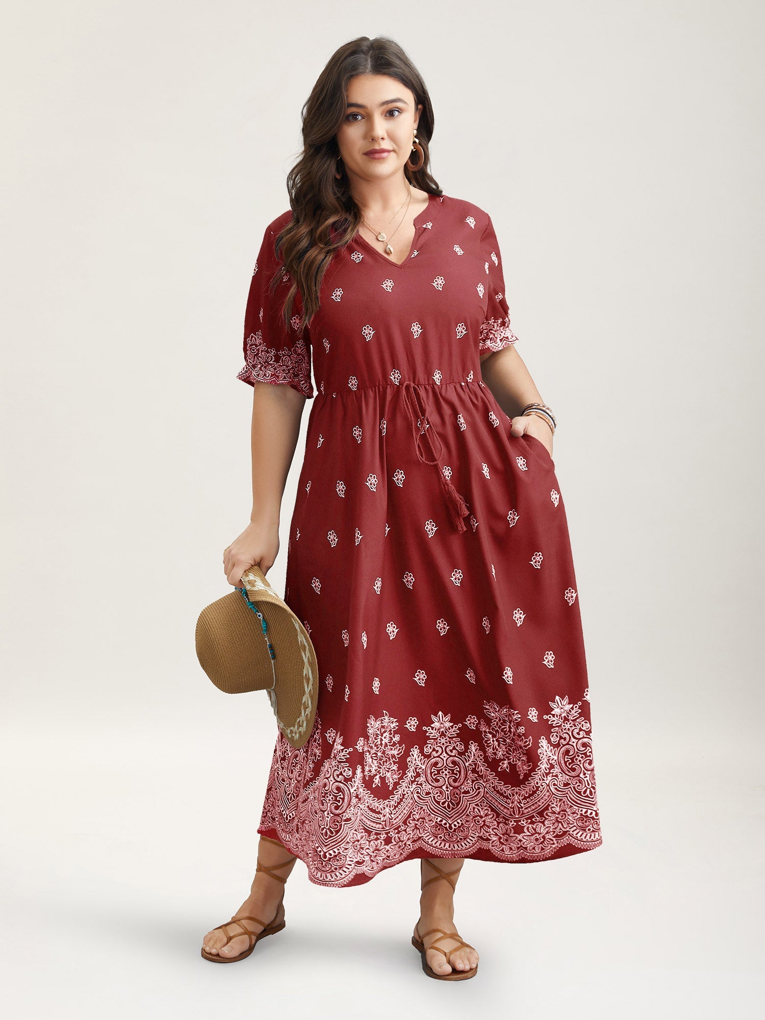 Floral Waist-Tie Notched Collar Midi Dress
