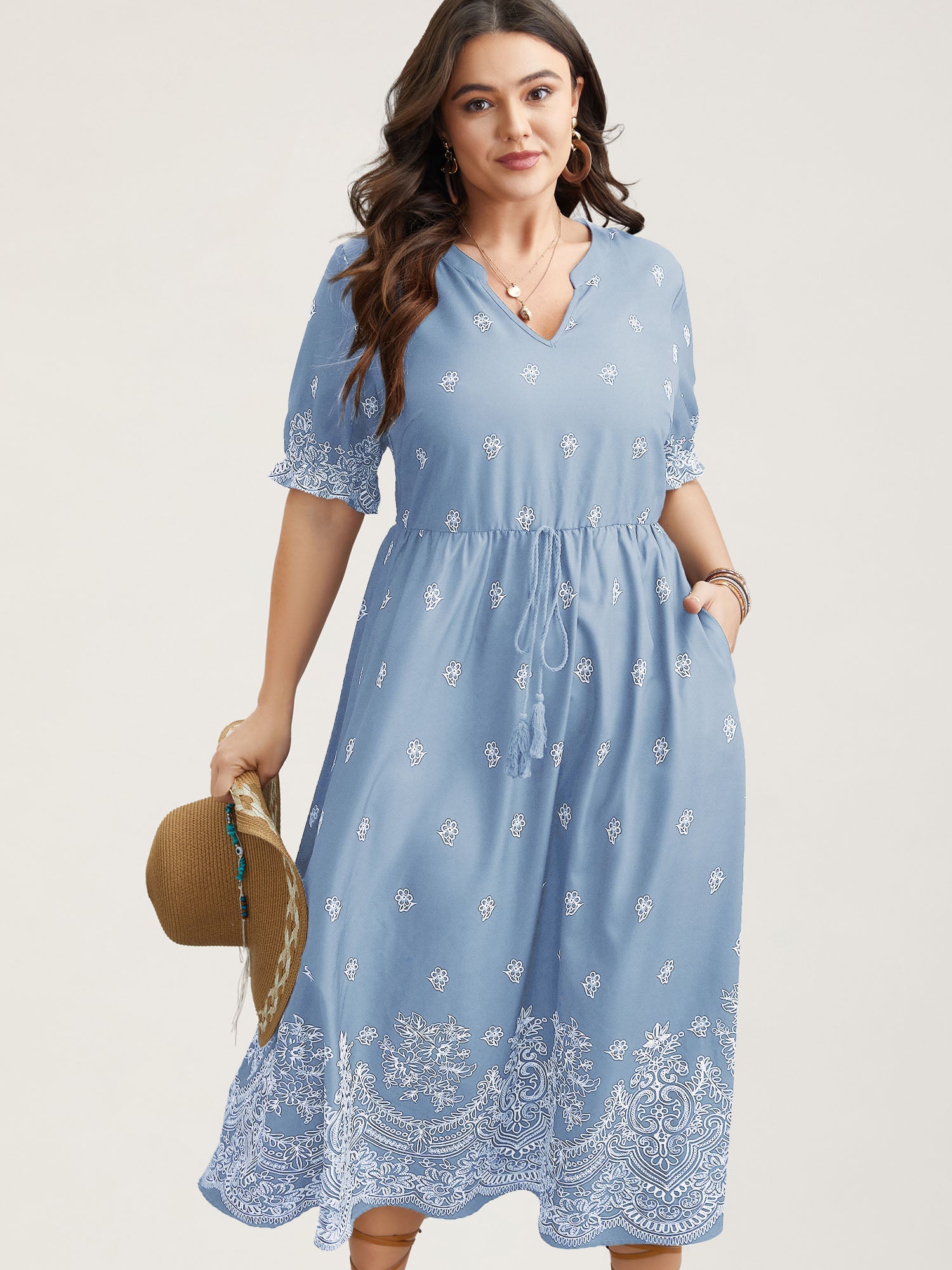 Floral Waist-Tie Notched Collar Midi Dress