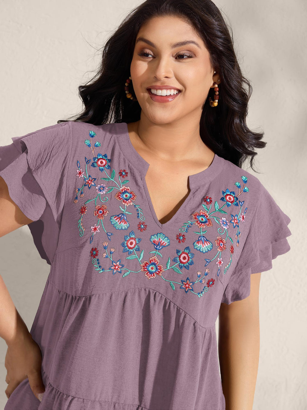 Embroidered Neckline A-Line Ruffled Knee-Length Dress