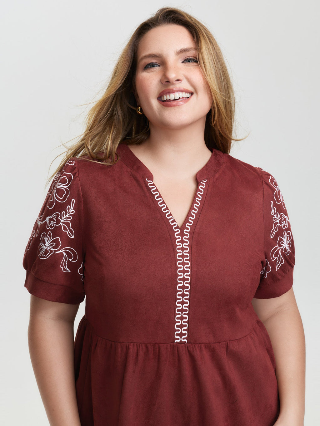 Thread Embroidery Tiered Pockets Mini Dress
