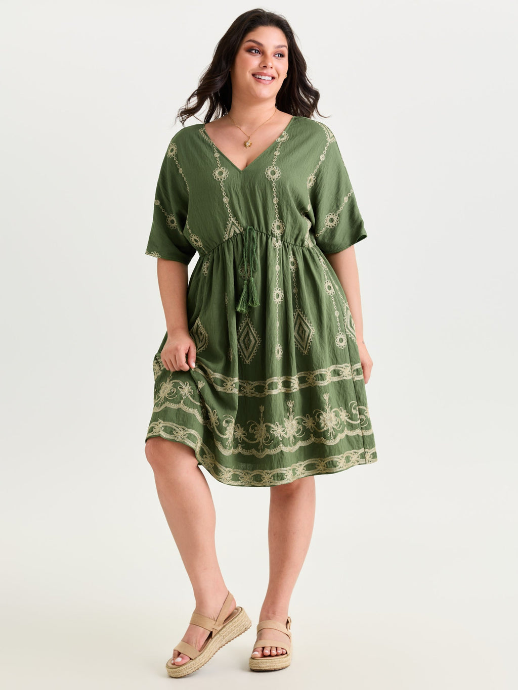 Boho Embroidered Waist Tie Mini Dress