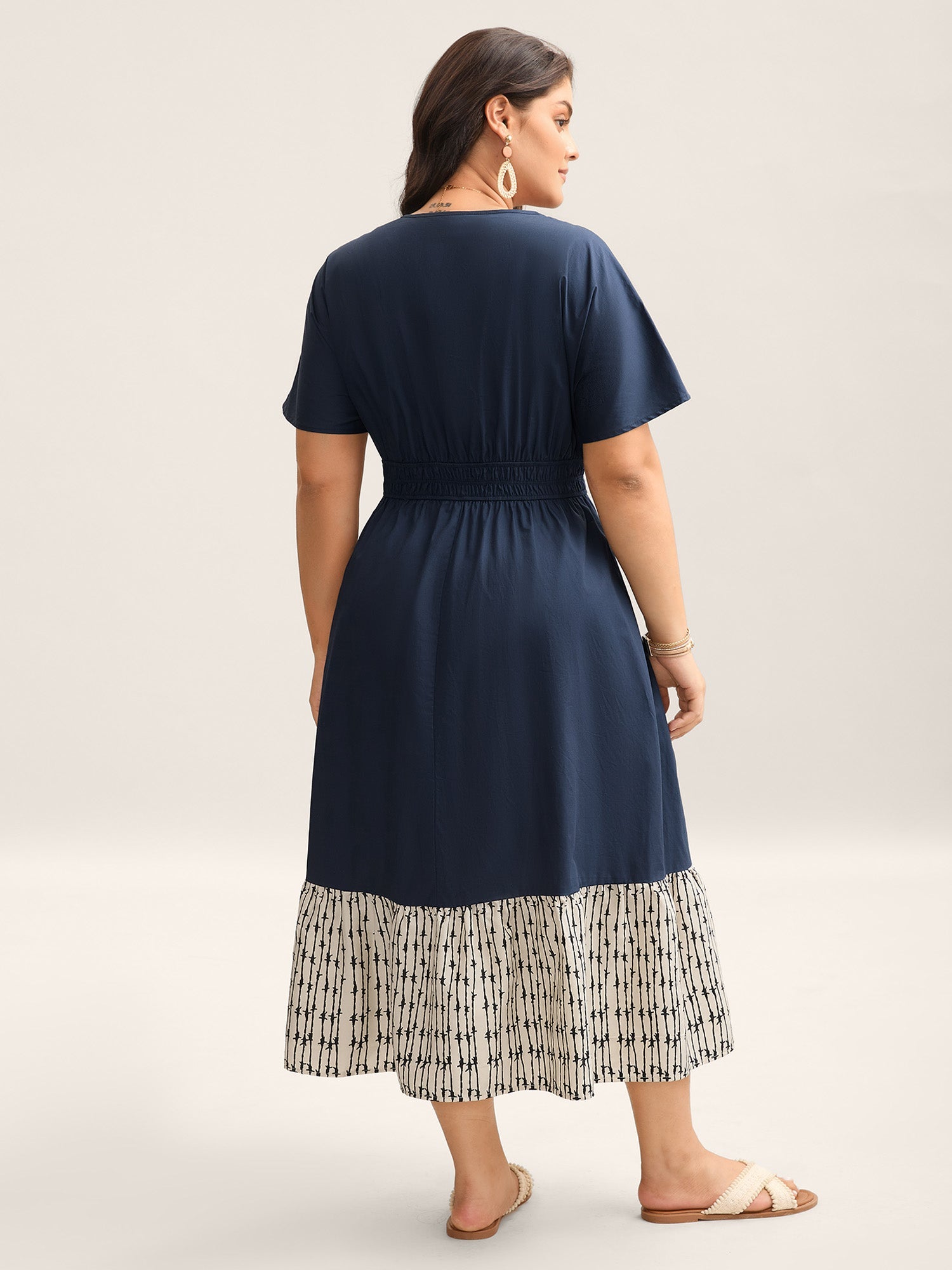 Cotton Color Block Cinched-Waist Spliced Midi Dress