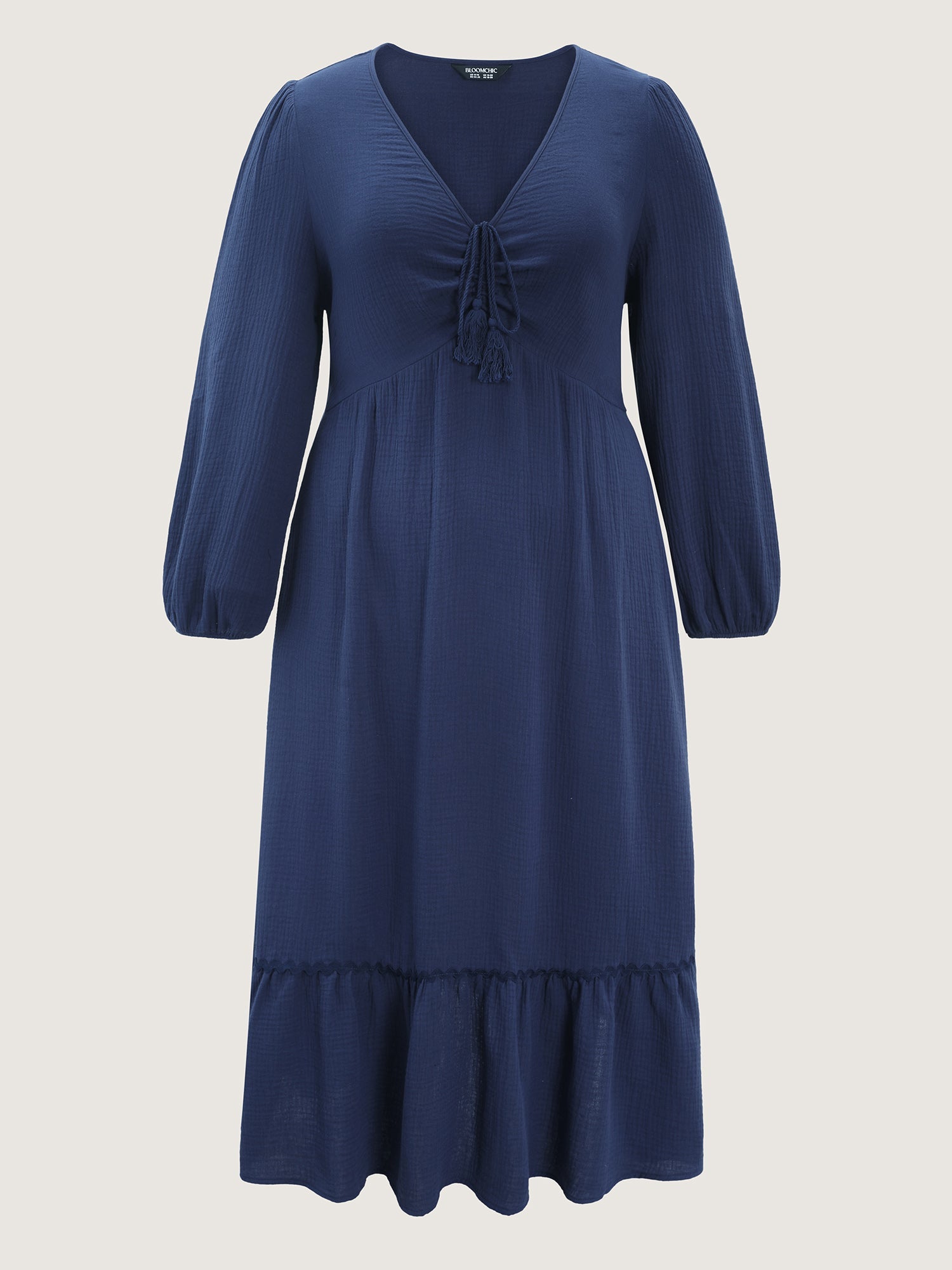 Cotton Ruched Drawstring Neckline Tiered Midi Dress