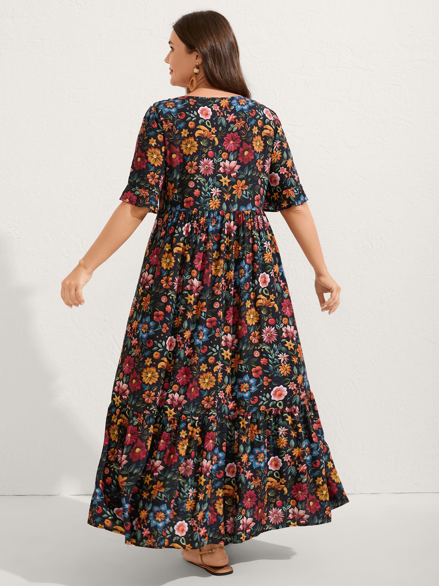 Rayon Floral Lace Trim Button Maxi Dress
