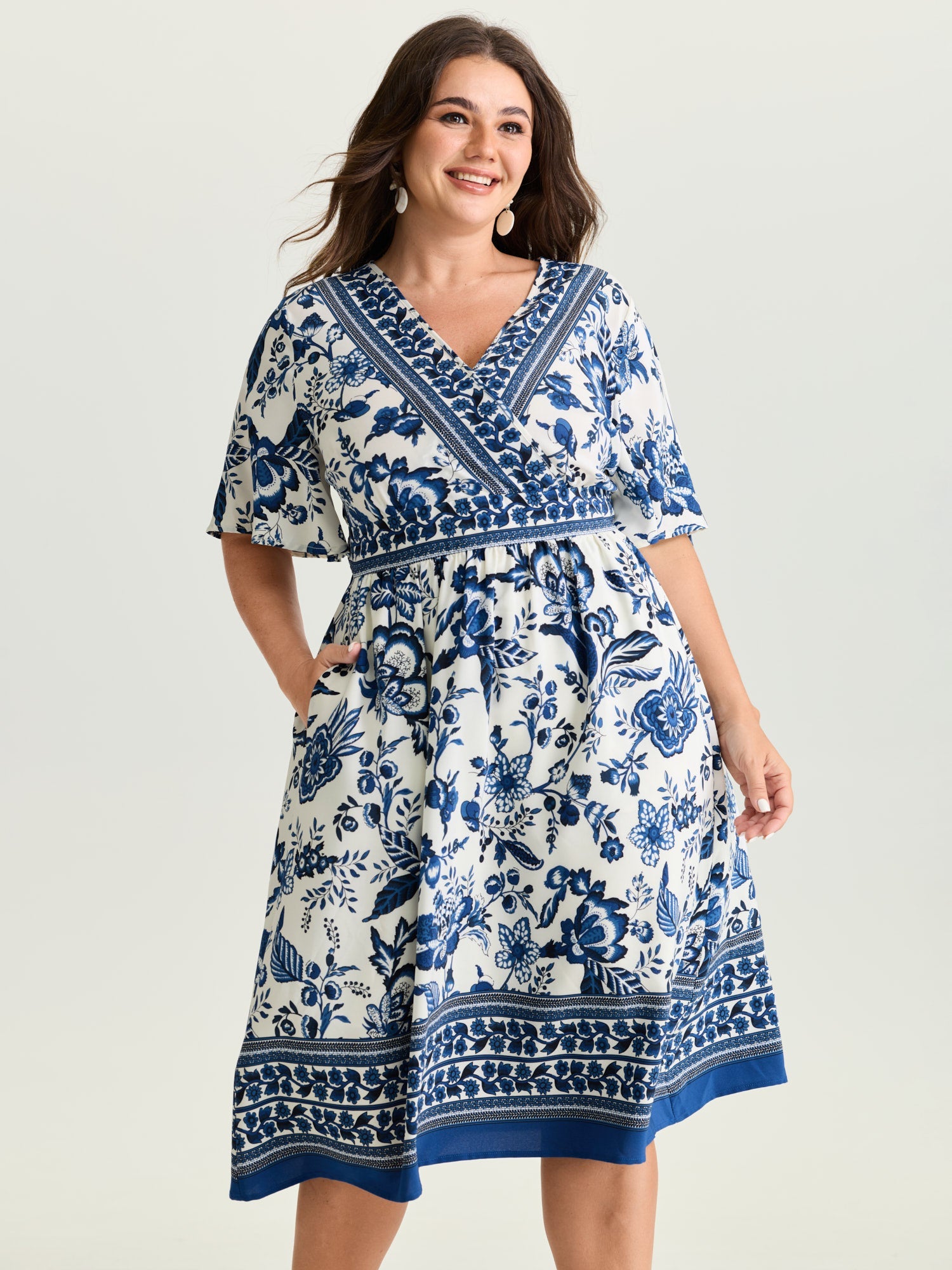 Floral Print Wrap-Neck Pocket Midi Dress