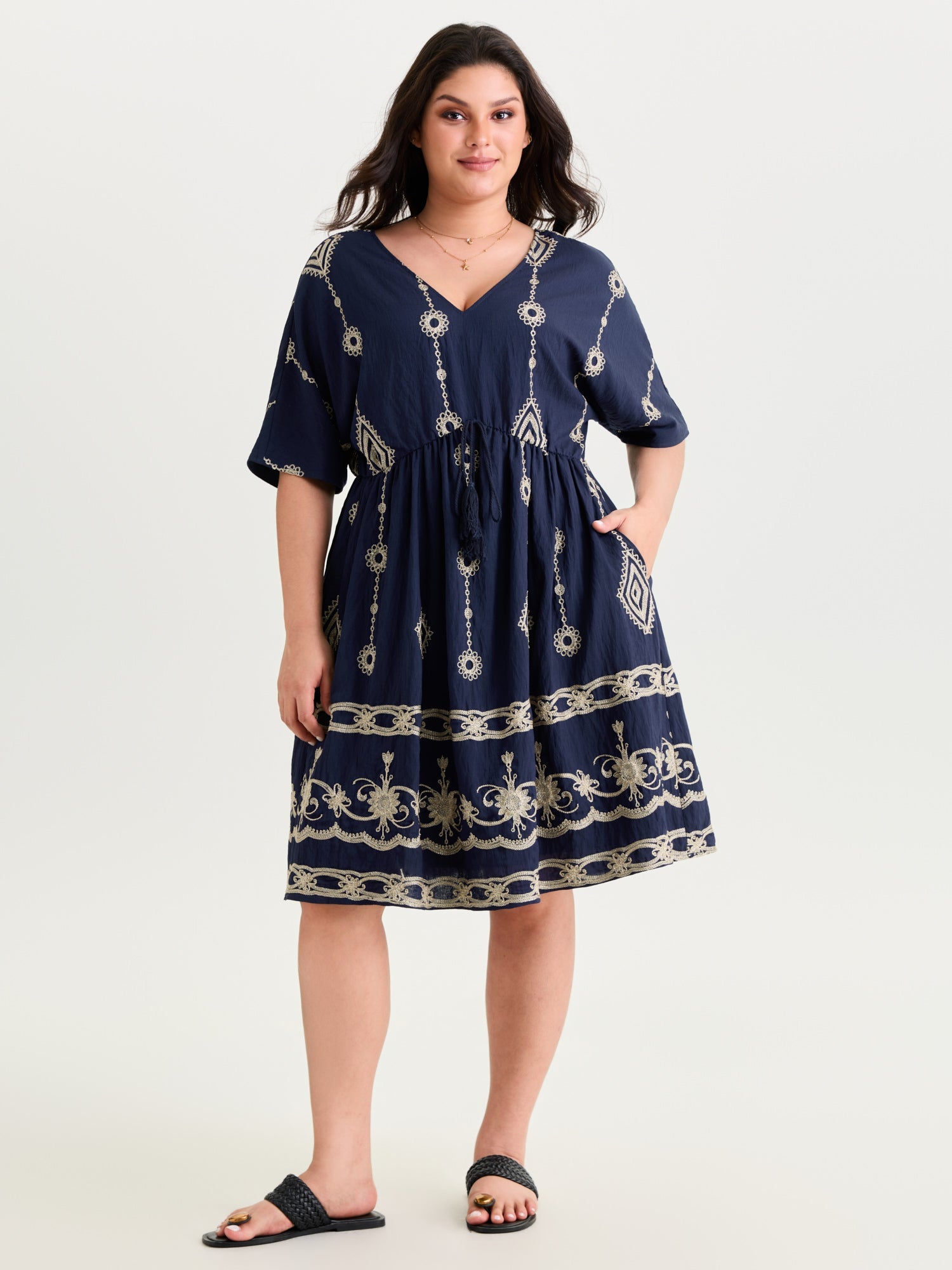 Boho Embroidered Waist Tie Mini Dress