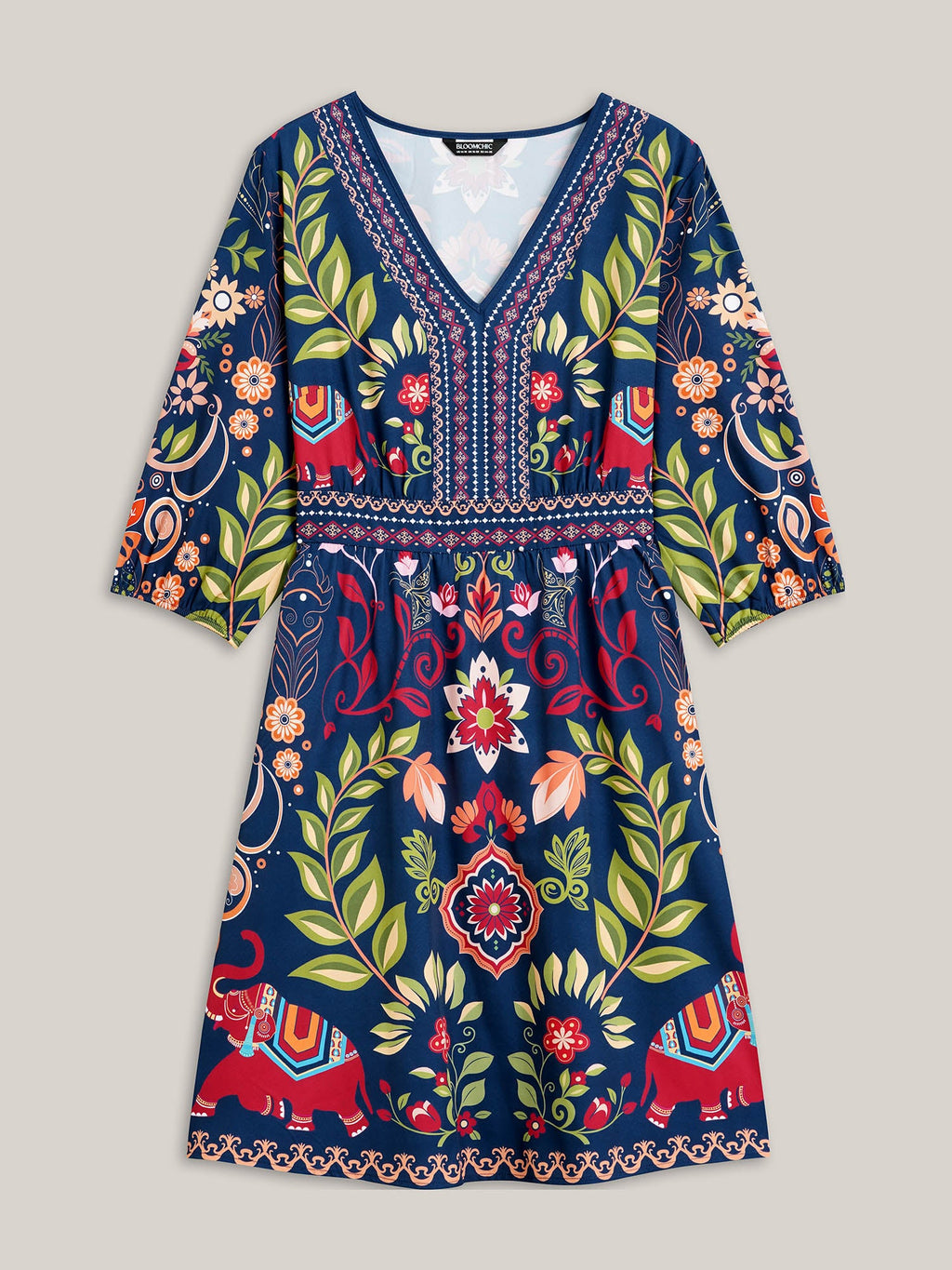Boho Print V-Neck Pockets Mini Dress