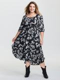 Scroll Pattern Adjustable Drawstring Pockets Midi Dress