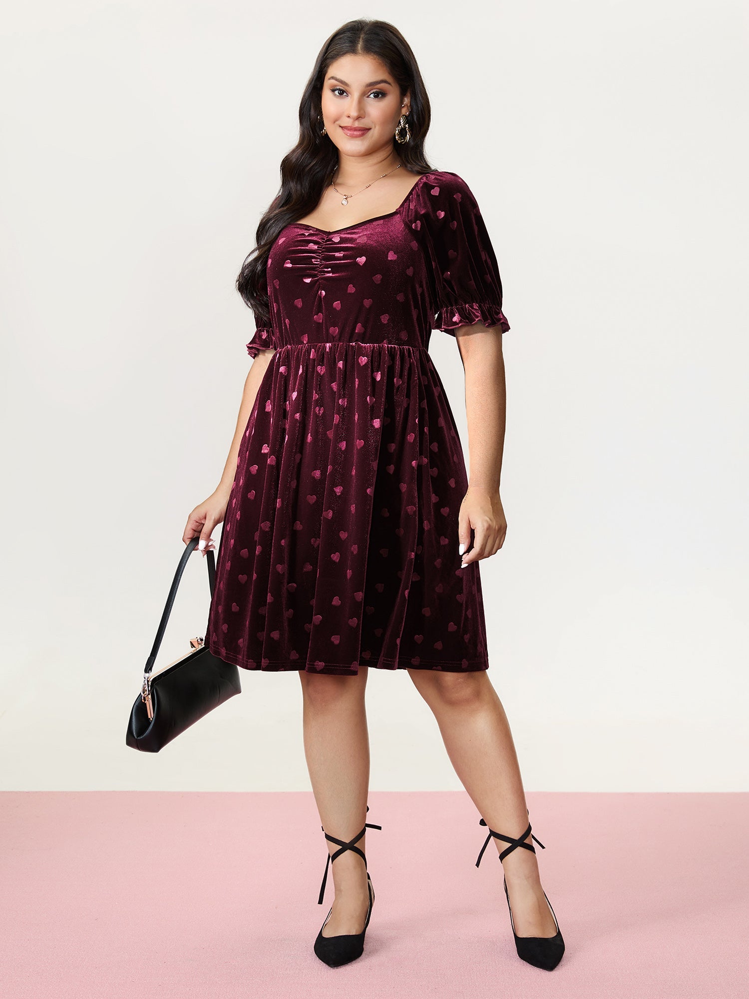 Velvet Heart Print Puff Sleeve Mini Dress
