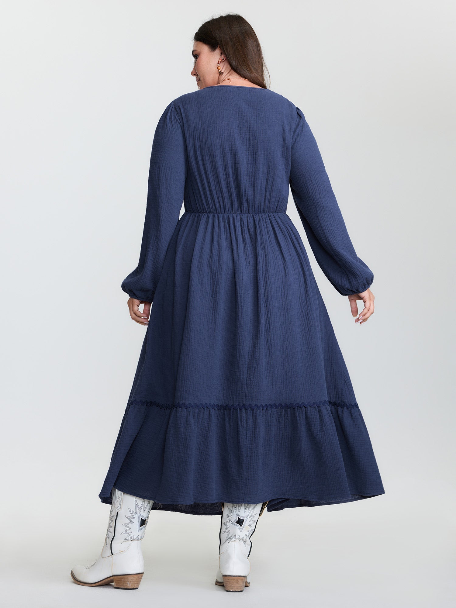 Cotton Ruched Drawstring Neckline Tiered Midi Dress