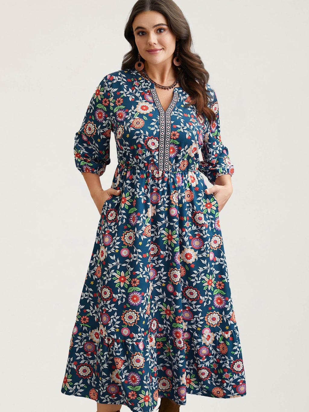Floral Print Stretchy-Waist Pockets Midi Dress
