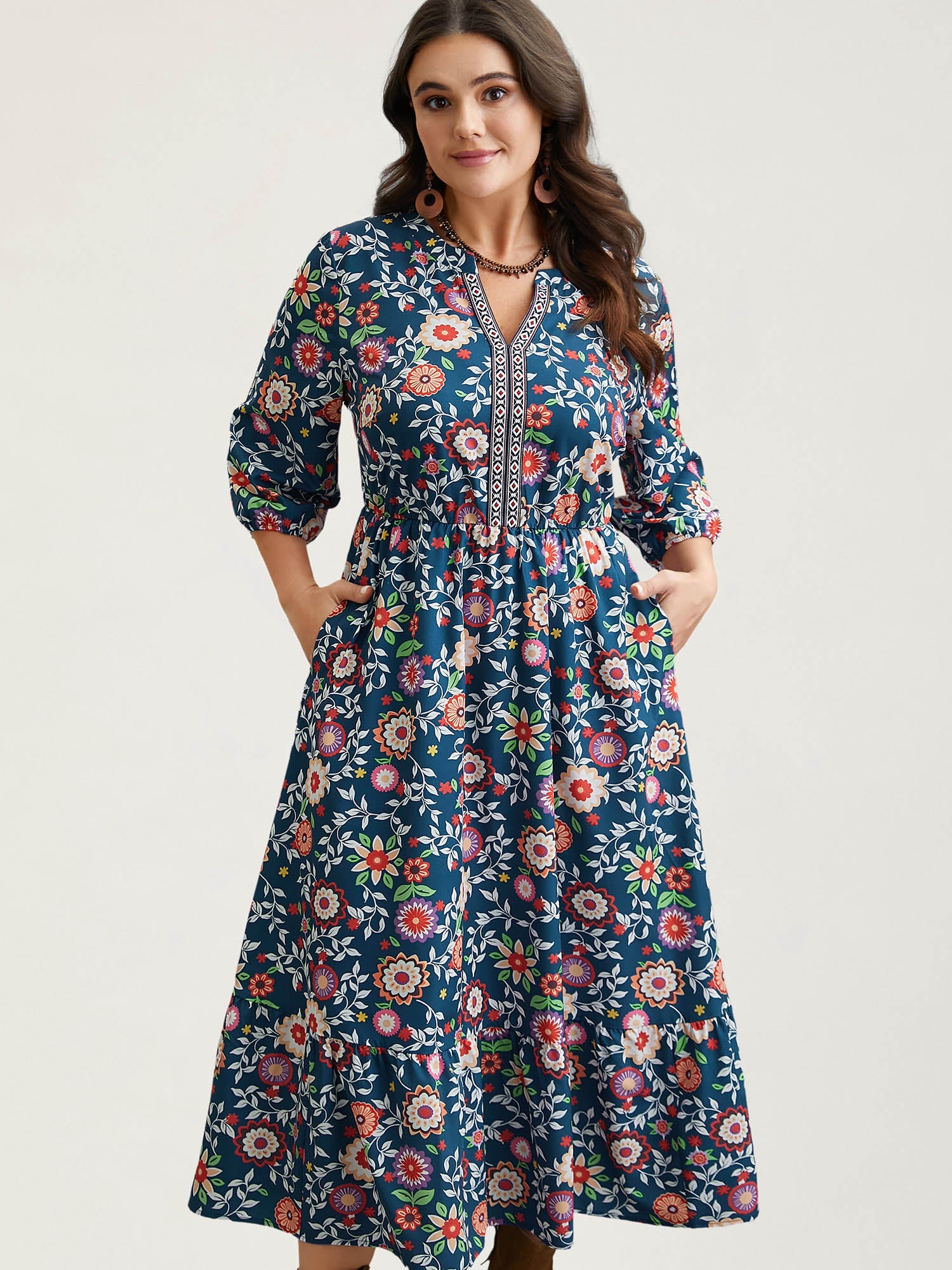 Floral Print Stretchy-Waist Pockets Midi Dress