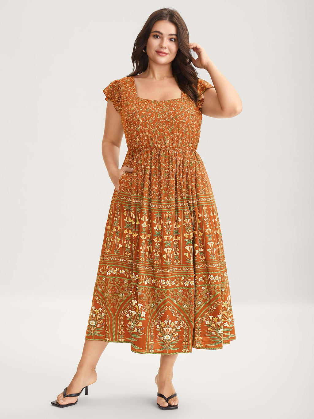 Rayon Garden Fresh Ruffled Sleeve Midi Dress
