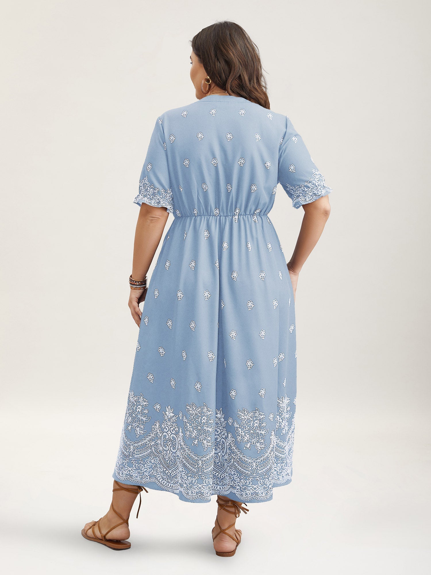 Floral Waist-Tie Notched Collar Midi Dress