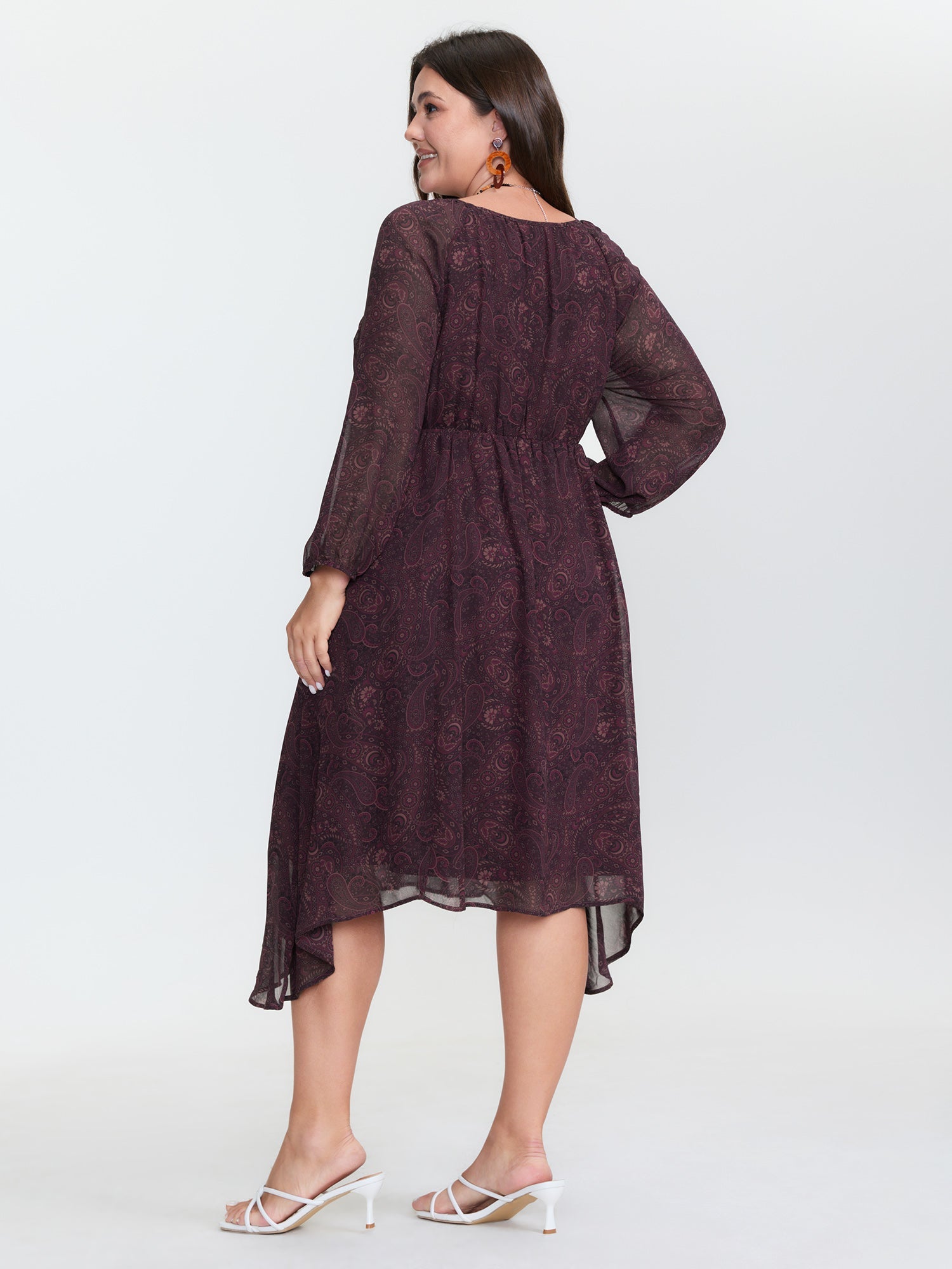 Sheer Sleeve Contrast V-Neck Midi Dress