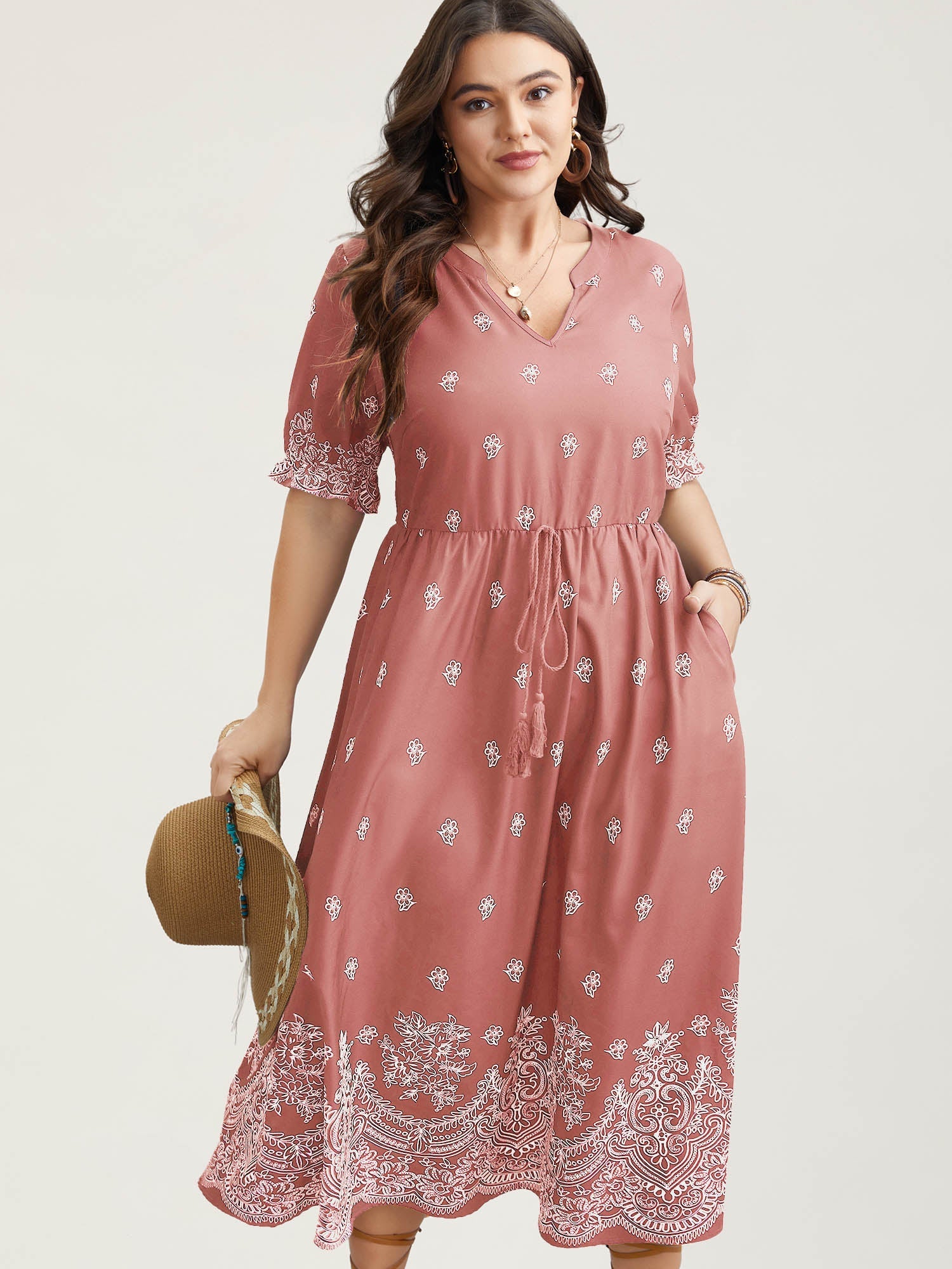 Floral Waist-Tie Notched Collar Midi Dress