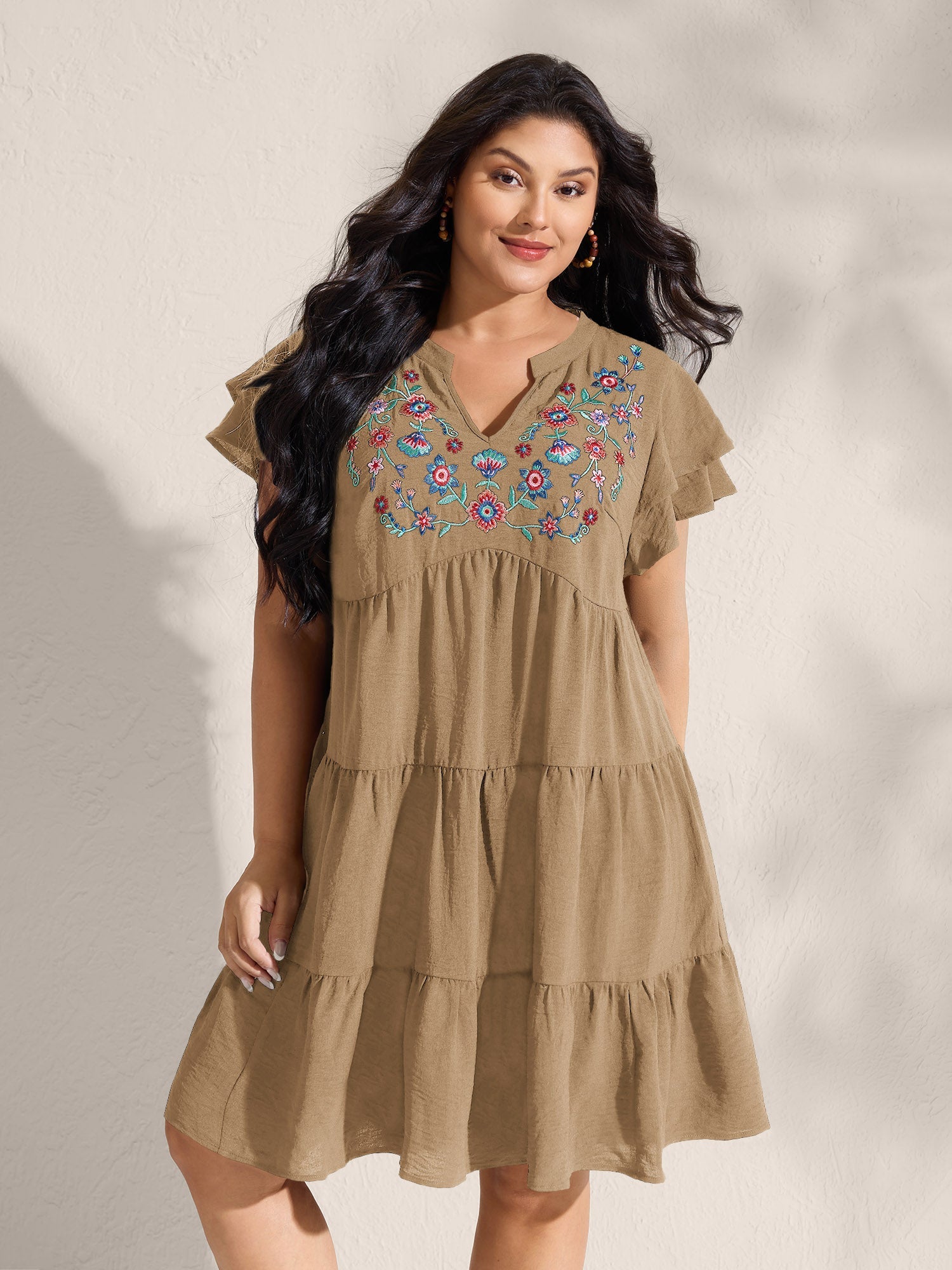 Embroidered Neckline A-Line Ruffled Knee-Length Dress