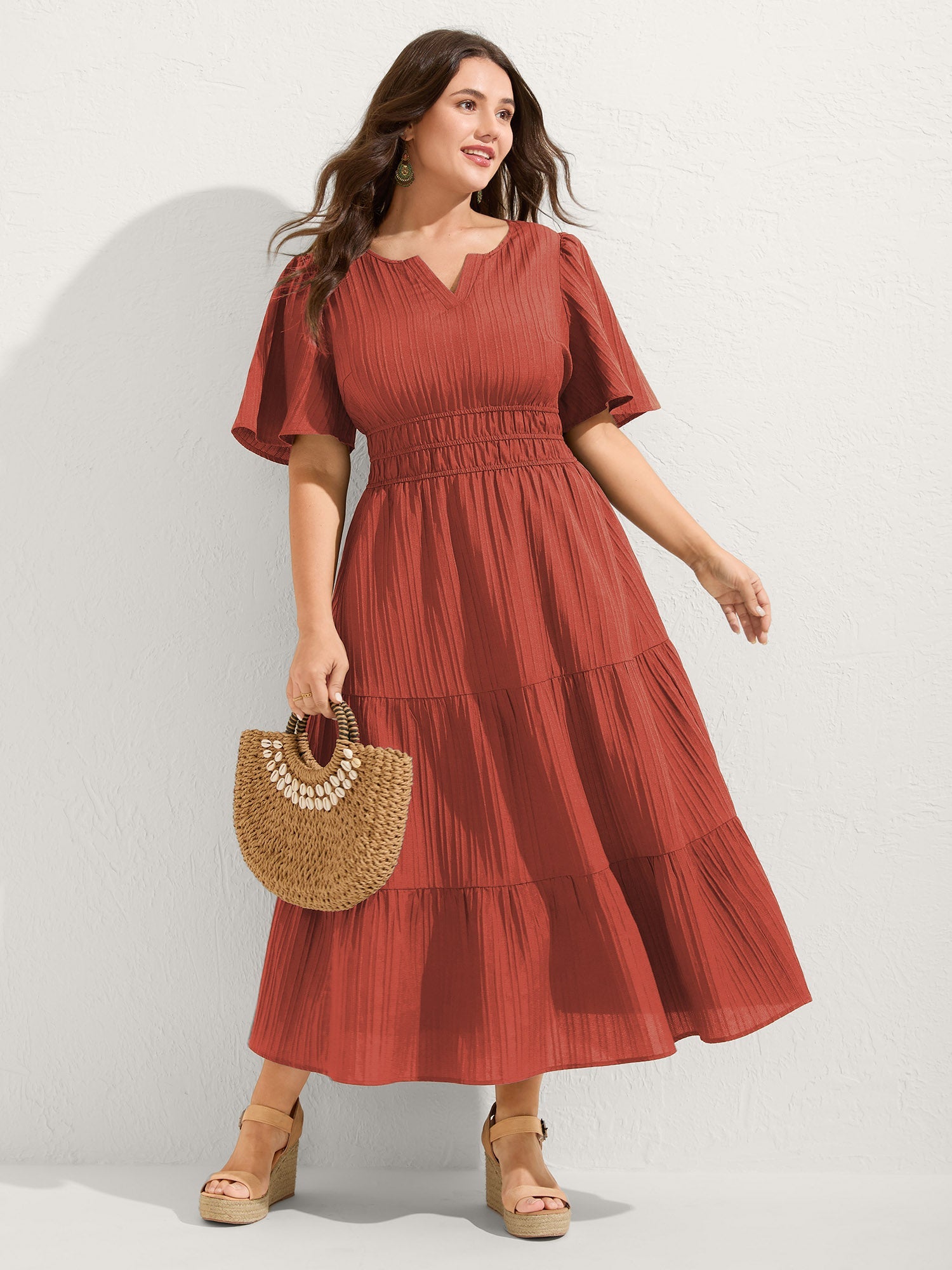 Textured Shirred Cinched Waist Maxi Dress