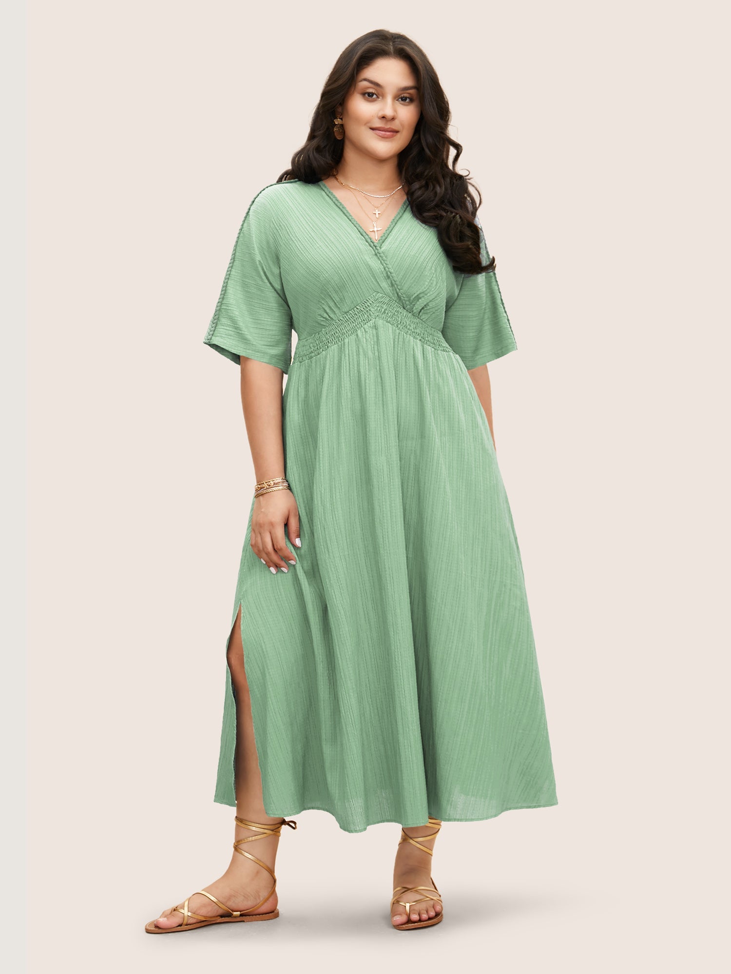 V Neck Shirred Contrast Webbing Split Side Dress