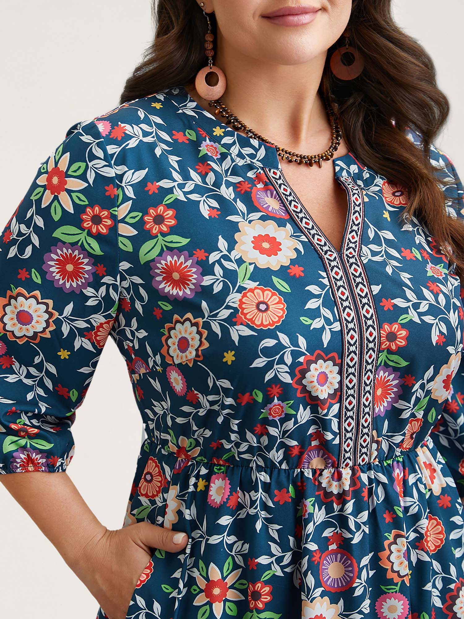 Floral Print Stretchy-Waist Pockets Midi Dress