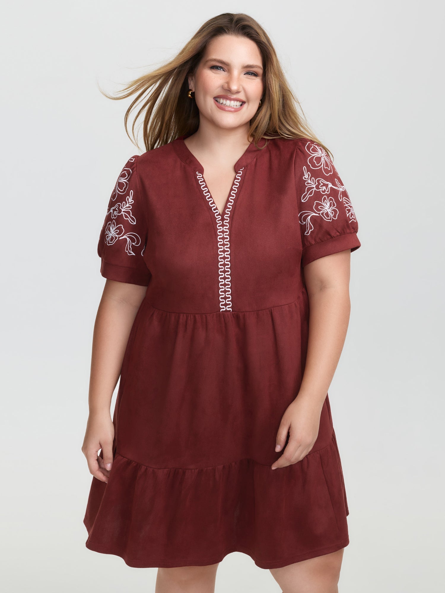 Thread Embroidery Tiered Pockets Mini Dress