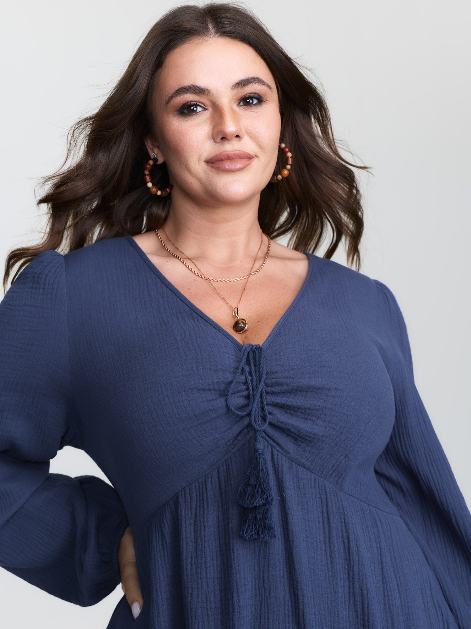 Cotton Ruched Drawstring Neckline Tiered Midi Dress