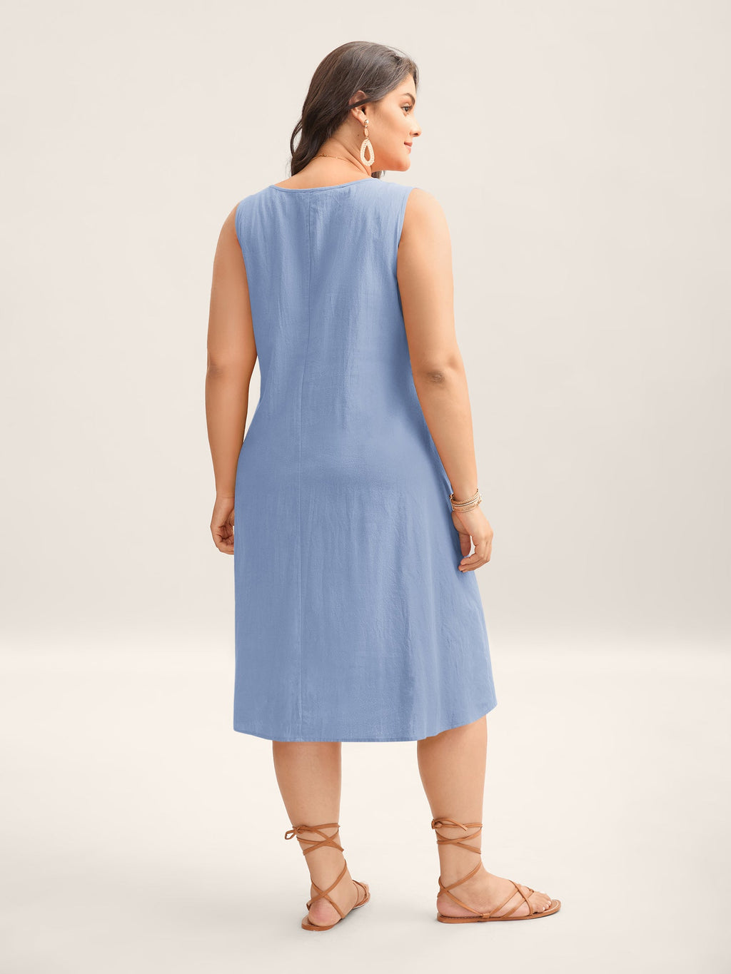 Cotton Toothpick Pleat Plain Midi Dress