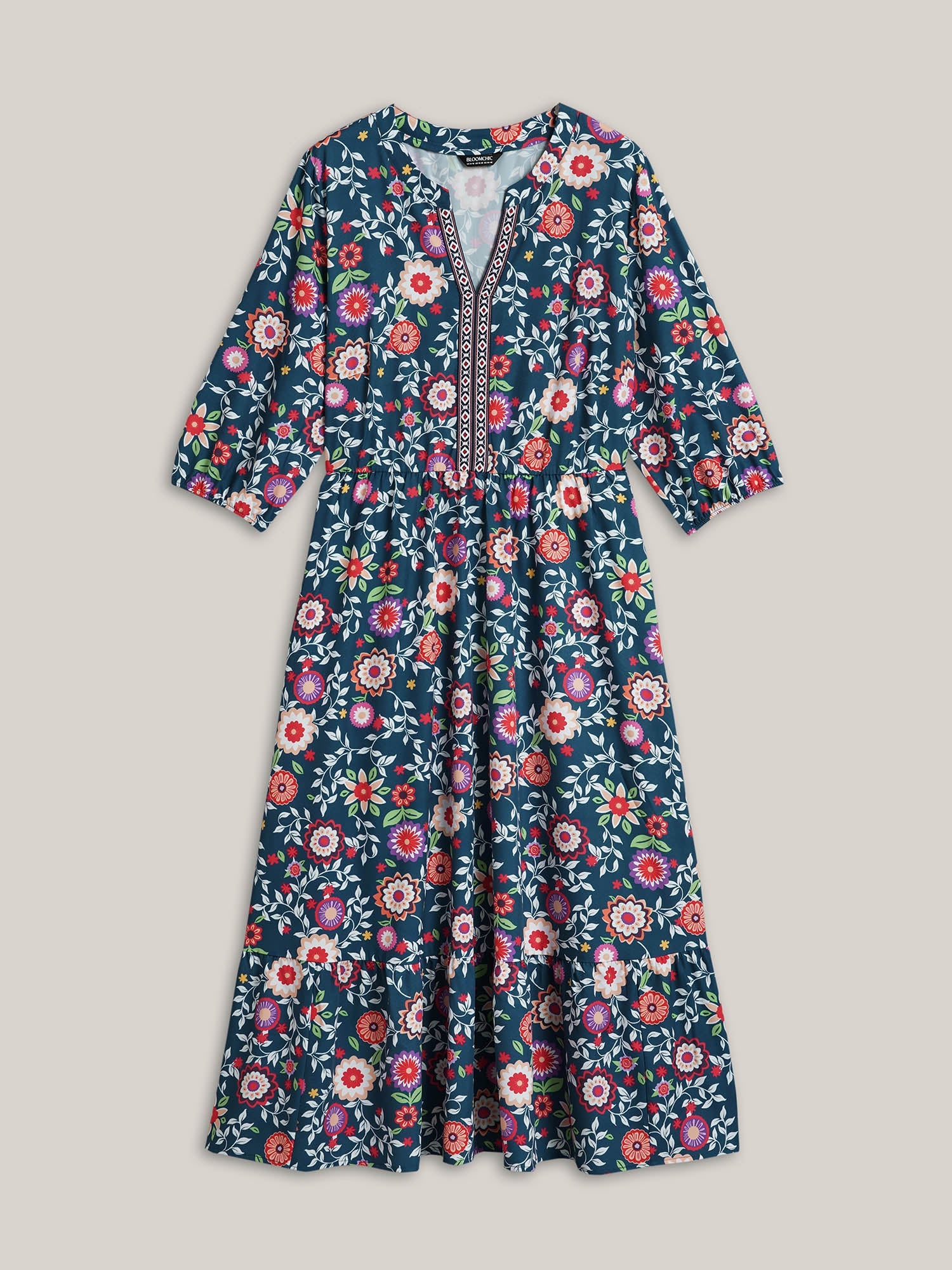 Floral Print Stretchy-Waist Pockets Midi Dress