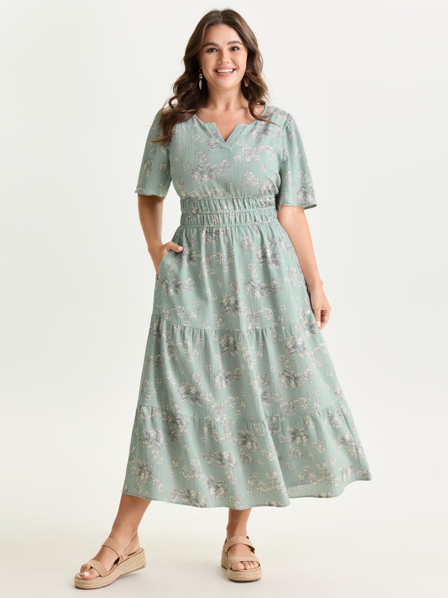 Textured Shirred Cinched Waist Maxi Dress