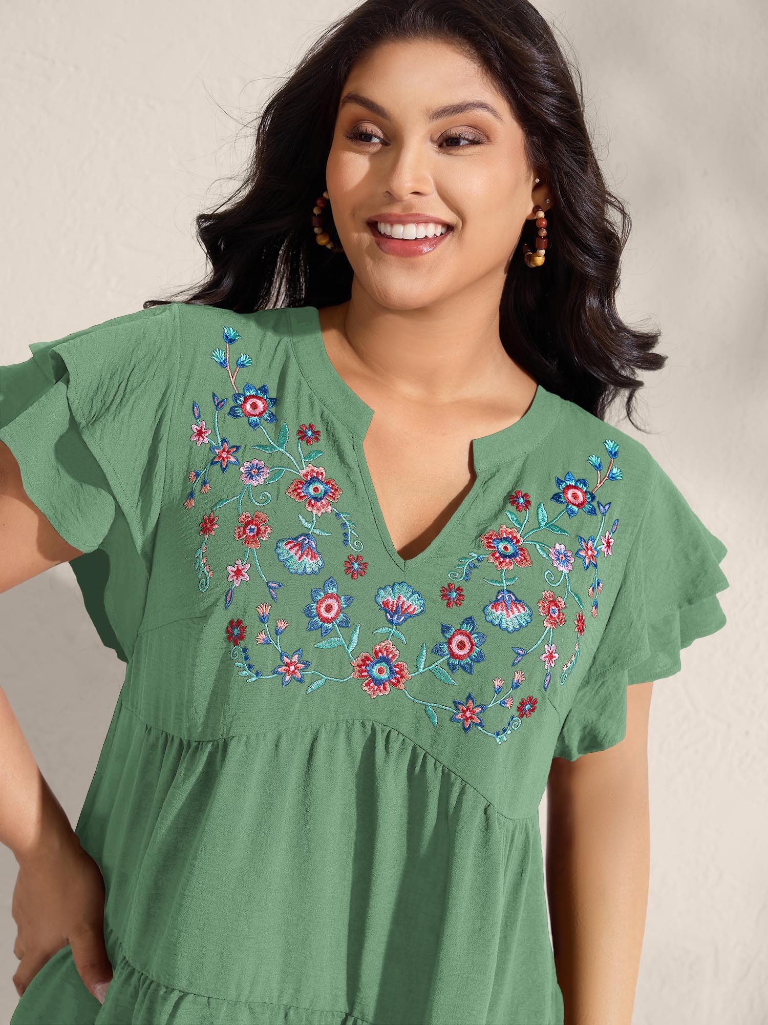 Embroidered Neckline A-Line Ruffled Knee-Length Dress