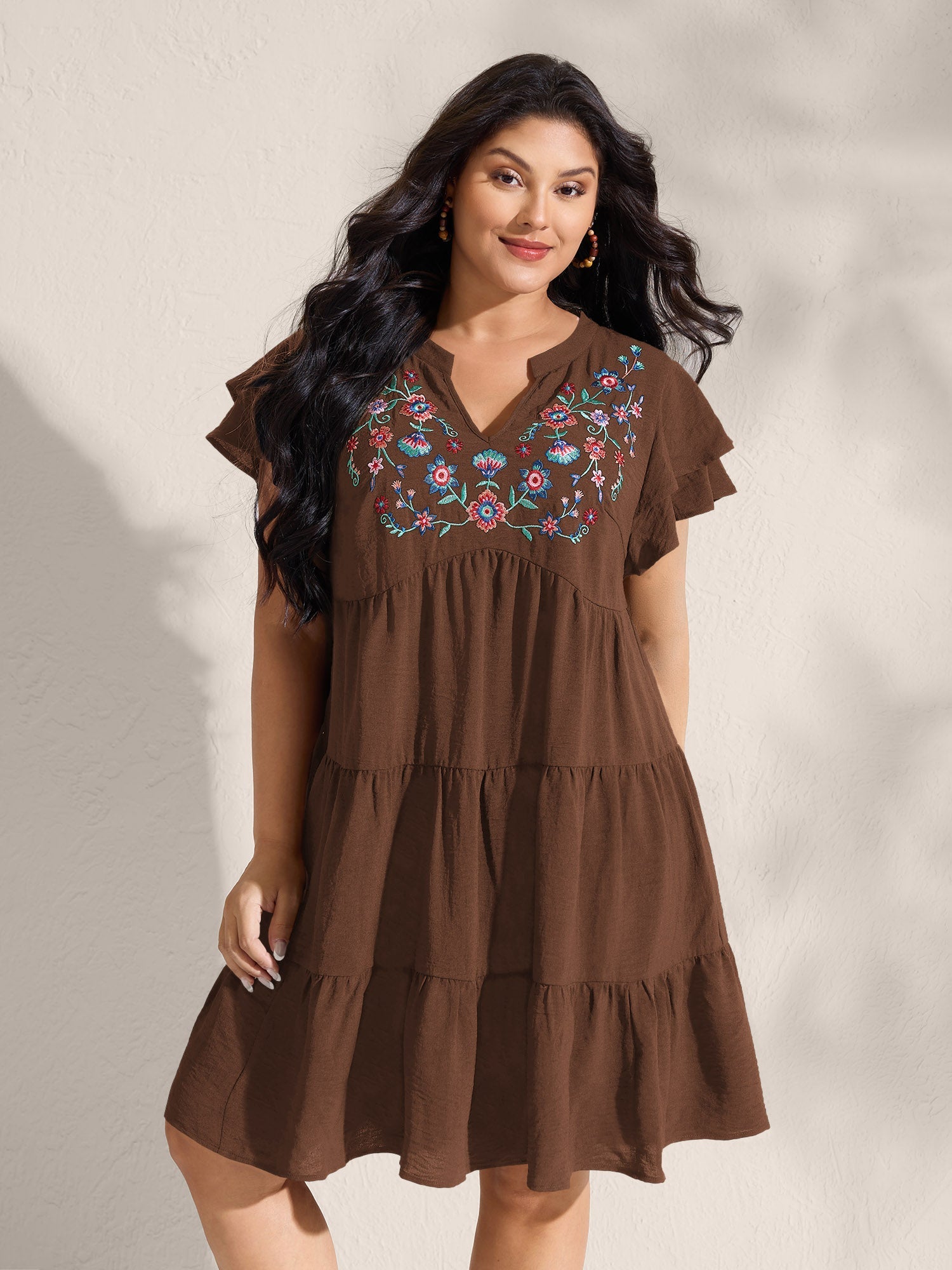 Embroidered Neckline A-Line Ruffled Knee-Length Dress