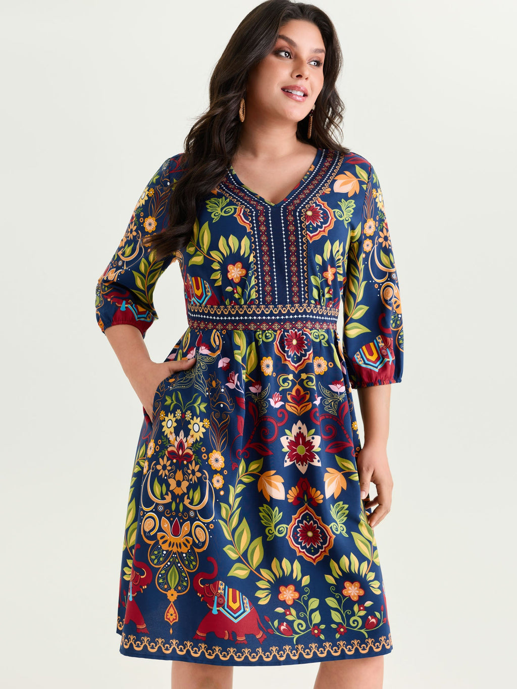 Boho Print V-Neck Pockets Mini Dress