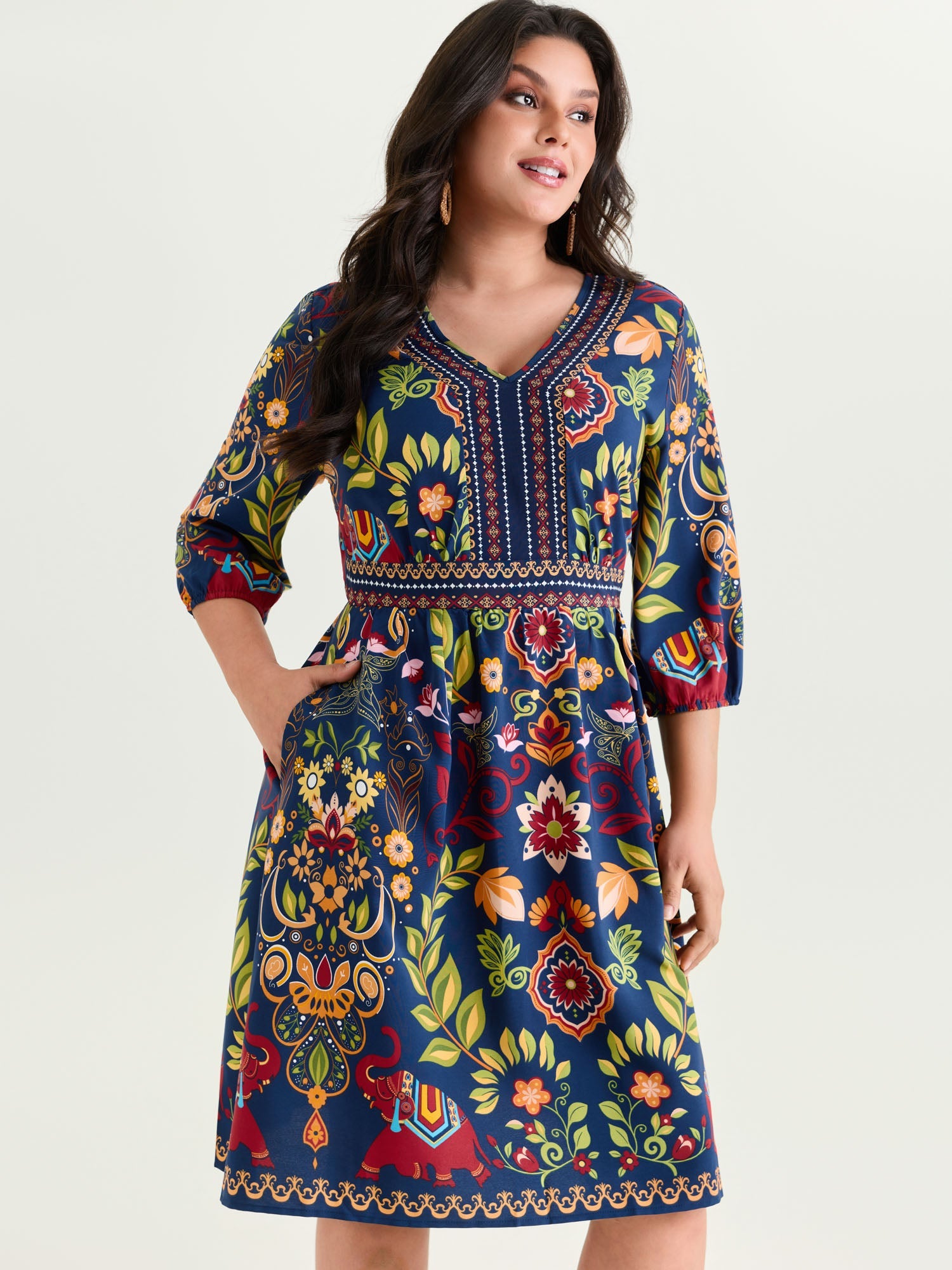 Boho Print V-Neck Pockets Mini Dress