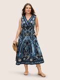 V Neck Boho Print Sleeveless Midi Dress