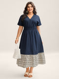 Cotton Color Block Cinched-Waist Spliced Midi Dress