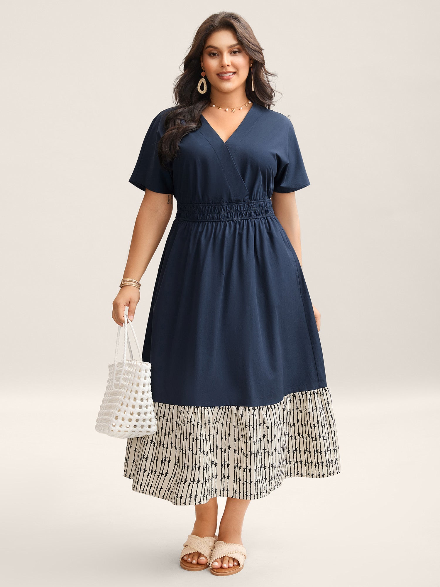 Cotton Color Block Cinched-Waist Spliced Midi Dress